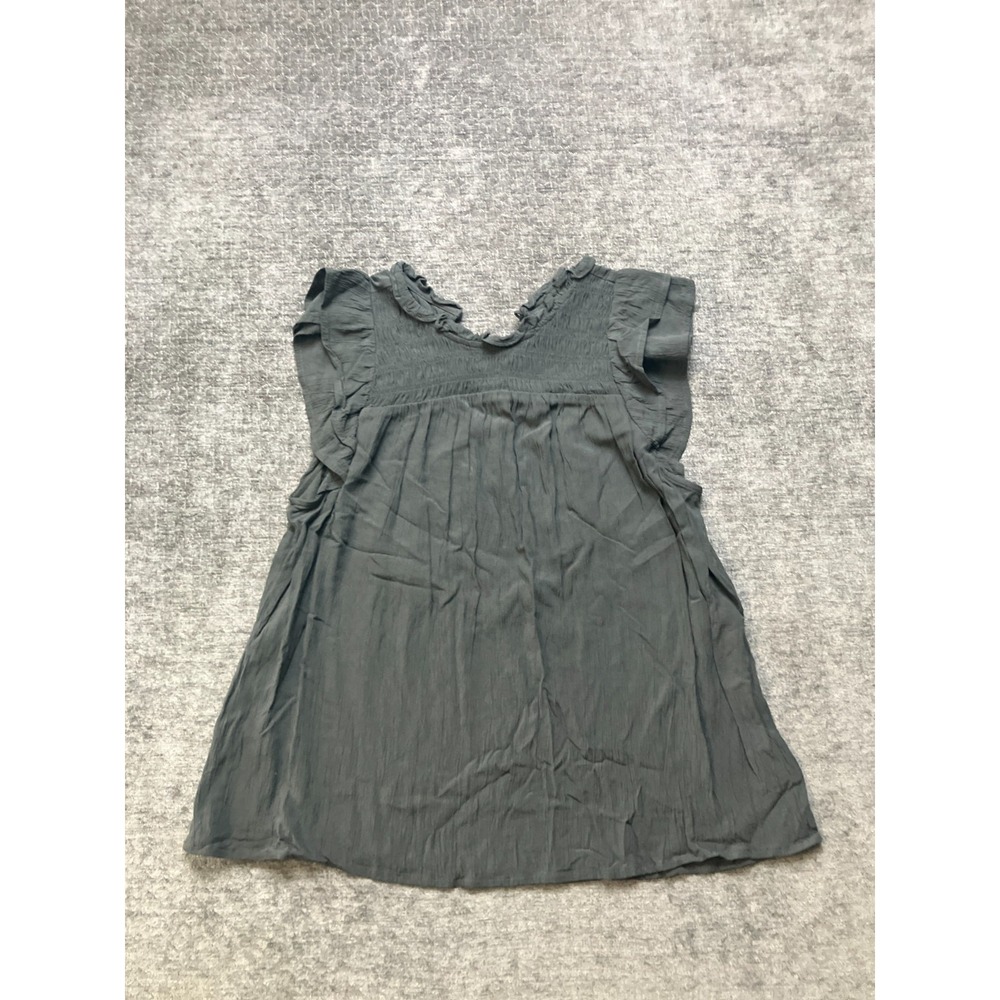 Old Navy Crepe Blouse Top Womens Medium Gray Smocked Flutter Sleeve Ruffle Neck